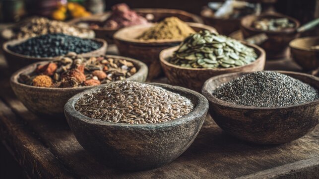 Assorted dried herbs and spices in small bowls