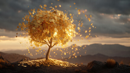 Magic Tree With Floating Gold Leaves