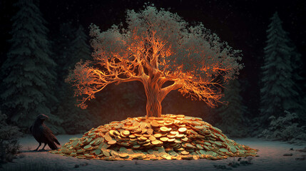 Mystical Night Tree With Light From Ground