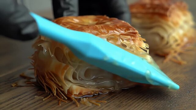 Golden Layered Yufka Tatlisi Dessert Showcased with Syrup on Wooden Table Perfect for Bakery Pastry Promotions Delicious Turkish Cuisine Confectionery Close Up and Professional Food Styling