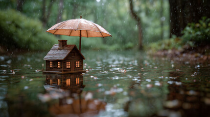 Tiny Wooden House Protected by Large Umbrella