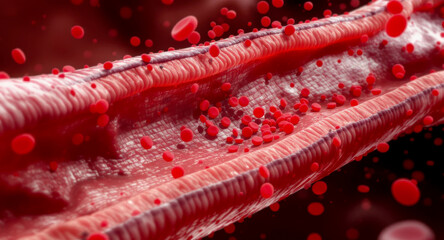 Close-up illustration of blood flowing through a vessel, depicting detailed human anatomy.