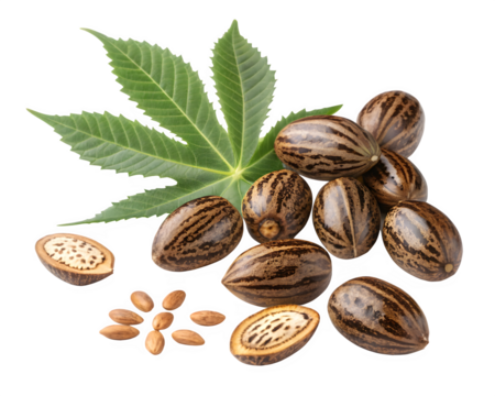 Castor beans and leaf isolated on black background