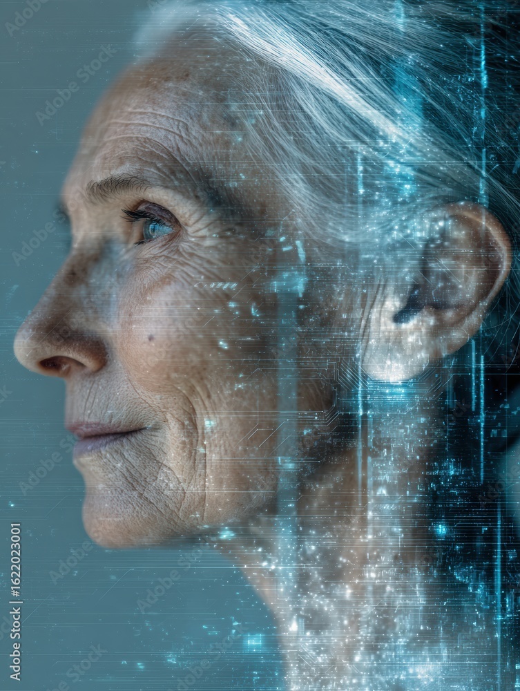 Aufkleber digital representation of aging reversal with a female profile in a futuristic lab environment enhan