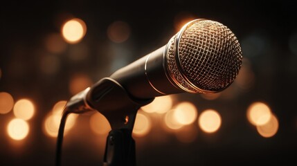 Obraz premium Close-Up of Microphone with Beautiful Bokeh Background Highlights