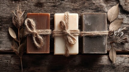 Natural Handmade Soap Bars Tied with Rope on Rustic Wooden Surface