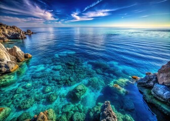 Fototapeta premium Oceanic landscape with a vast expanse of dark blue water and surrounding rocky shores