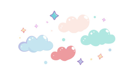 Pastel clouds and stars isolated on white background, a dreamy and magical illustration with cute and kawaii elements for childrens designs