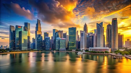 Fototapeta premium Panoramic view of Singapore city skyline at dusk with majestic skyscrapers and towering buildings illuminated by warm golden light of setting sun