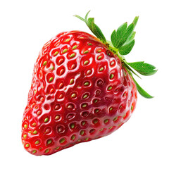 Close-up of a single, vibrant red strawberry.  Fresh, glossy skin, tiny seeds, and green leaves.  Perfect detail