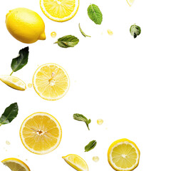 Fresh lemon slices and leaves falling against black background