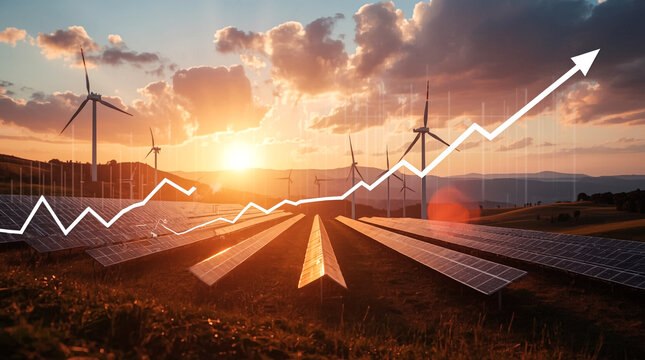 Renewable energy growth solar panels and wind turbines show upward trend with financial graph overlay