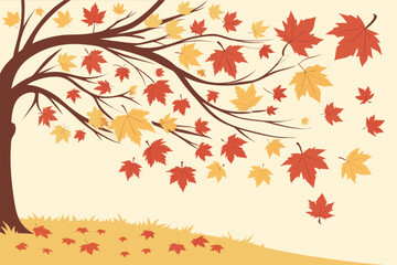 An autumn tree with falling maple leaves in red and yellow, isolated on white background, symbolizing the beauty and change of the fall season
