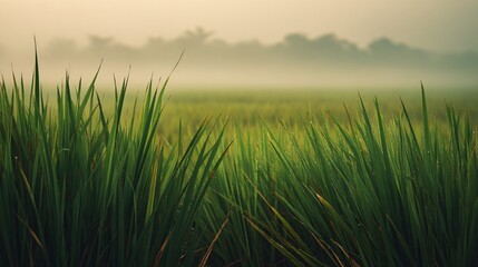 Obraz premium Morning dew on brown rice field at sunrise tranquil landscape nature photography soft light atmosphere