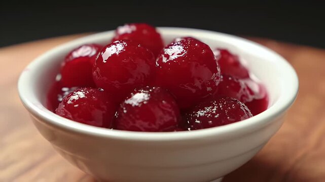 High Angle Close Up of Delicious Red Kissel in a White Bowl with Studio Lighting on a Wooden Table A Vibrant and Tasty Dessert Perfect for Celebrating Culinary Traditions and Promoting Pastry