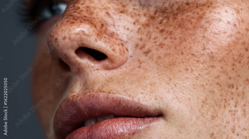 Poster close-up of a natural face showcasing freckles and pores with a smooth gradient background and minim