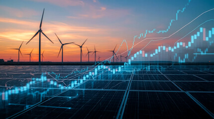 Renewable energy growth and financial markets intertwined with wind turbines and solar panels at sunset