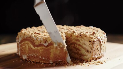 High Angle Shot of Delicious Biscuit Cake Sliced on Wooden Board with Marbled Interior Crumbly Topping and Delicate Glaze against Dark Background Perfect for Bakery Promotions and Festive