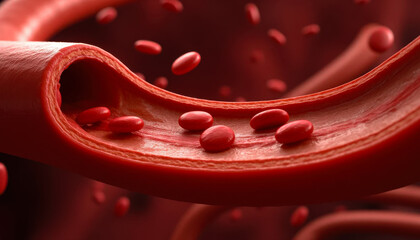 Detailed view of red blood cells moving through a blood vessel, highlighting the inner workings.