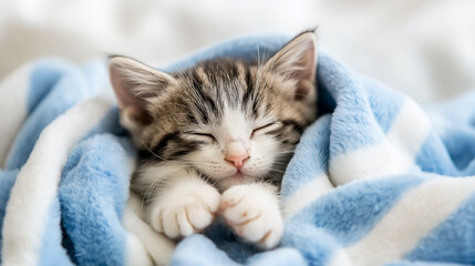 Gatinho dormindo pacificamente em manta macia e fofa