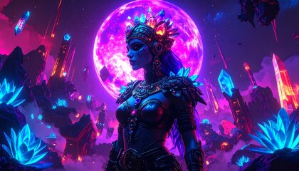Majestic interstellar queen in a glowing crystal kingdom