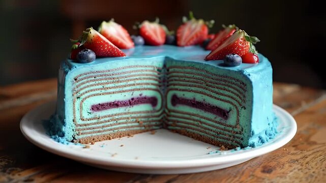 High Angle View of Delicious Lapis Legit Cake with Blue Frosting Strawberries Blueberries and Red Currants on White Plate and Wooden Table Perfect for Bakery and Pastry Promotion Inviting Gourmet