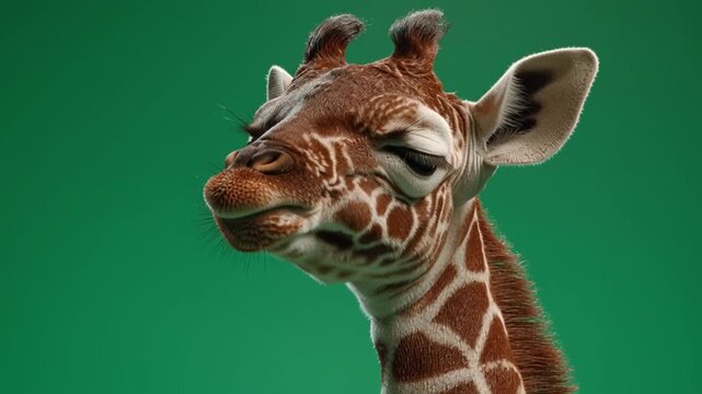 Close up of a giraffe head with its mouth open against a green background studio shot green screen animal video