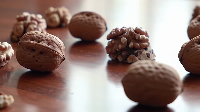 Pile of Delicious Juglans Regia Common Walnut on Wooden Table Displaying Close Up Details Perfect for Healthy Snack Advertisement or Bakery Product Promotion and Can be Used as Decoration