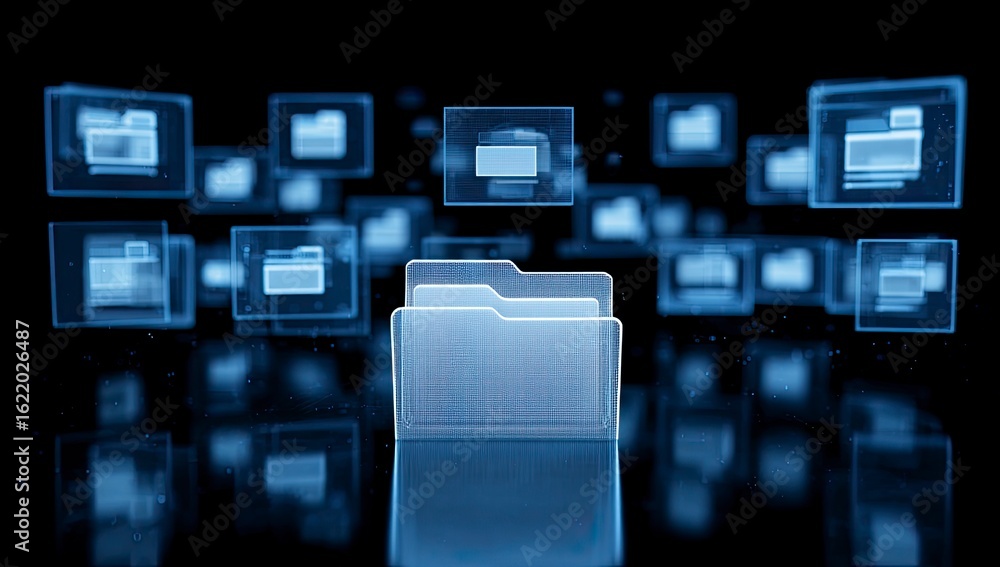 Aufkleber digital representation of translucent blue folders floating on a dark reflective surface