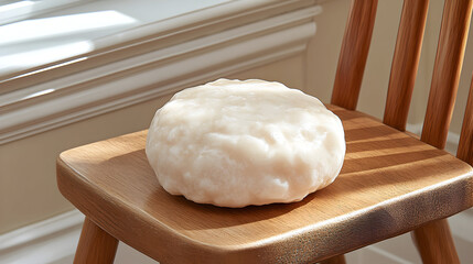 Round off white food item on wooden chair