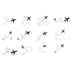 Obraz premium Travel concept Dotted path airplane Aircraft tracking.vector silhouette 