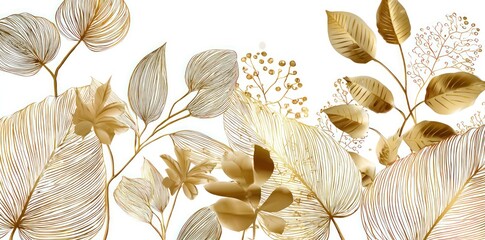 Golden botanical artwork, delicate line art of leaves on white background