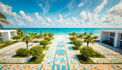 "Scenic Palm-Lined Beach Promenade with Colorful Tiles at a Modern Seaside Resort"