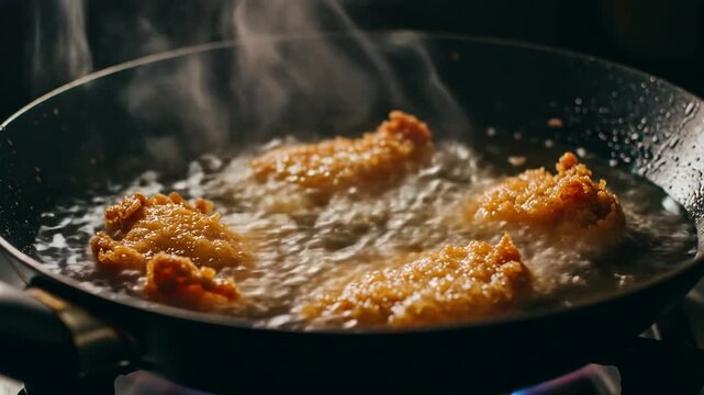 Close-up of food frying &ndash; sizzling texture and golden surface with hot oil bubbles