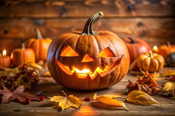 Fototapeta premium Carved halloween pumpkin lantern glowing with candle on wooden table