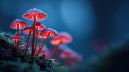 Fototapeta premium Glowing Mushrooms in Mystical Forest Setting at Dusk