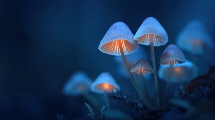 Fototapeta premium Glowing Mushrooms in Dark Forest with Blue Background and Mystery