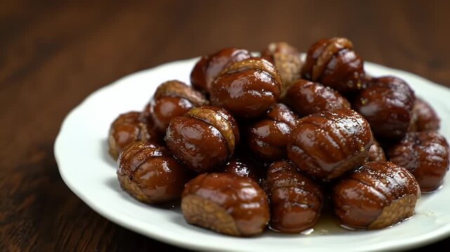 Rotating High Angle View of Delicious Kestane Sekeri on White Plate with Dark Wooden Background Perfect for Bakery Promotions and Pastry Advertisements Featuring Rich Candied Chestnuts in Turkish