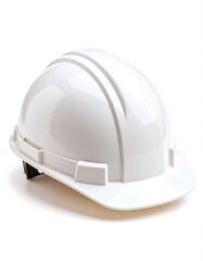 Fototapeta premium A clean white hard hat sits on a white background, slightly angled to the left