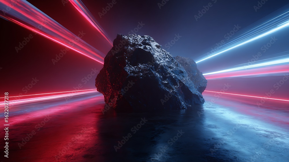 Poster a striking 3d render of a dark rock illuminated by vibrant neon lights, creating a futuristic and ab