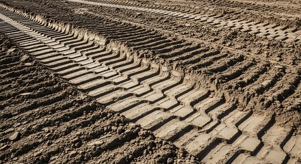Fototapeta premium Detailed view of tractor tire tracks imprinted in the soft, fertile soil of a field