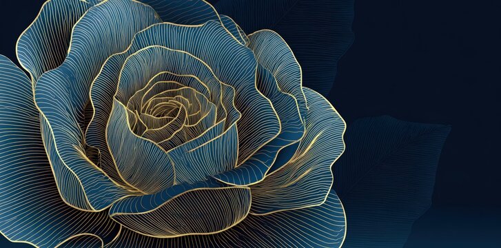 Elegant blue rose with gold outline, detailed petals on a dark background