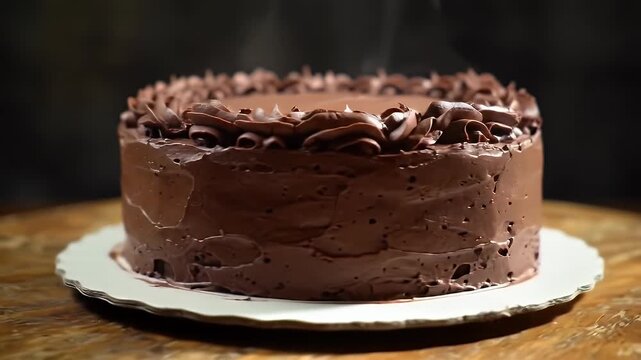 Steaming Delicious Devil's Food Cake Adorned with Chocolate Frosting on White Plate and Rustic Wooden Table against Dark Background Perfect for Bakery and Pastry Promotions and Sweet Indulgence