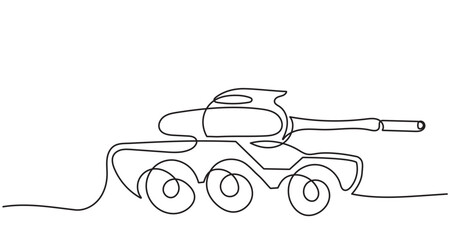 continuous line drawing of a military tank with wheels and a long barrel, created in continuous black stroke style.Minimalist one-line design is simple yet expressive, vector illustration.