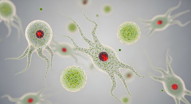 Microscopic View of Amoeba Proteus with Pseudopods and Food Vacuoles.