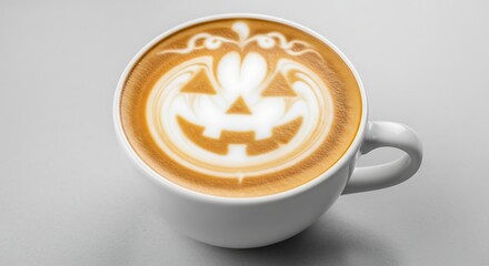 Halloween Pumpkin Face Latte Art Coffee in White Mug on Light Gray Surface