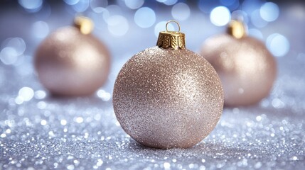 Elegant Rose Gold Christmas Ornaments on Glittery Background