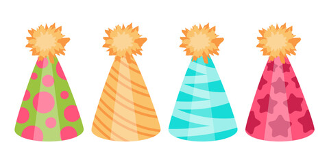  festive set of colorful party hats. for birthday and festive designs.