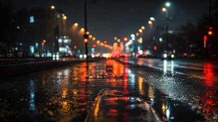 Obraz premium Rainy Night City Street with Reflections and Neon Lights