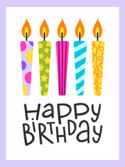 birthday card with birthday candles and the text Happy Birthday, for birthday and festive design.